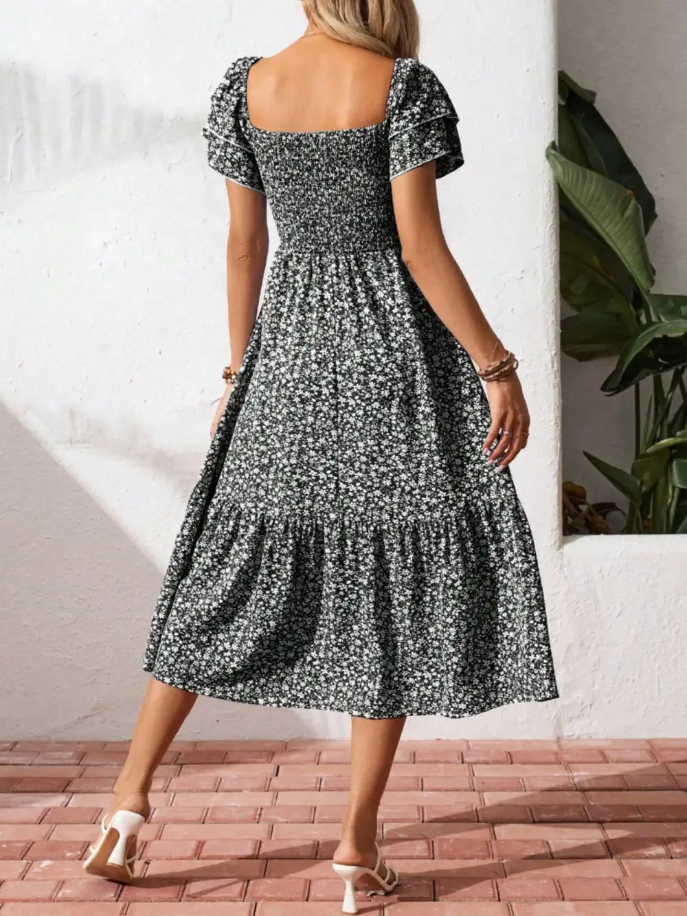 Gathered Detail Floral Printed Ruffle Dress