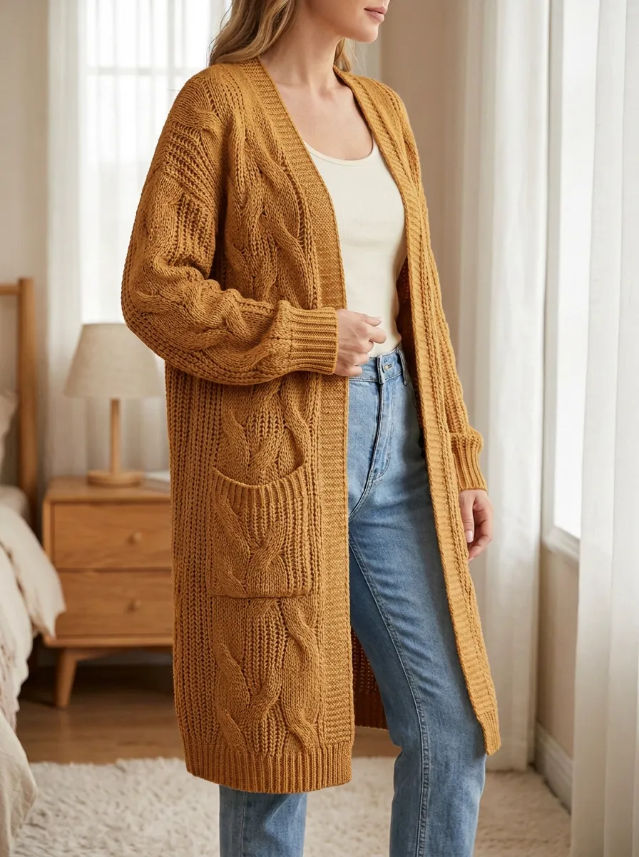 Women's Cable Knit Open-Front Intricate Cable-Knit Detailing Long Cardigan