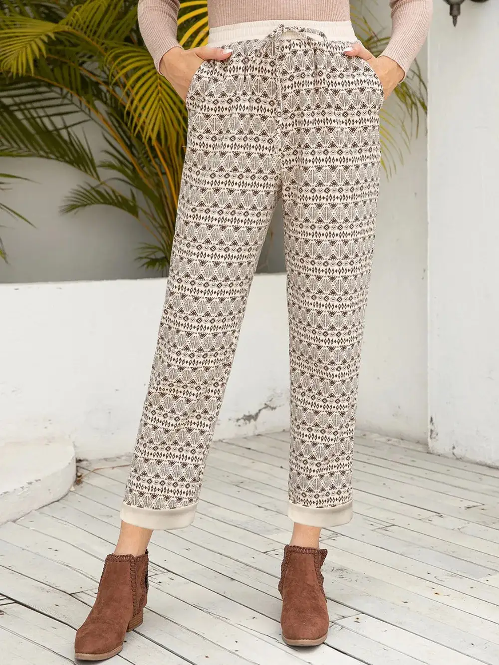 Textured Tie Waist Tie Detail Pants