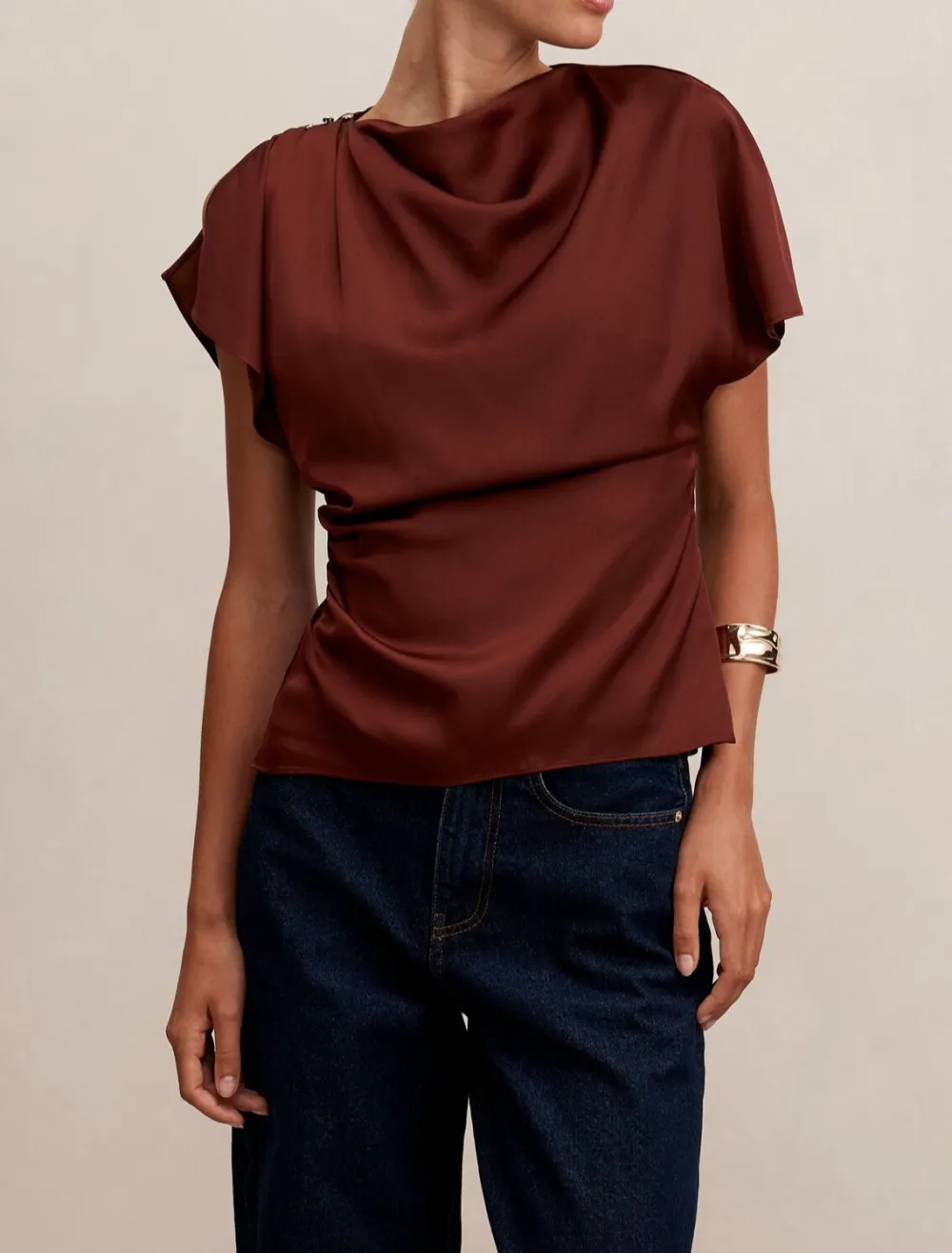 Burgundy Cowl Neck Draped Satin Blouse