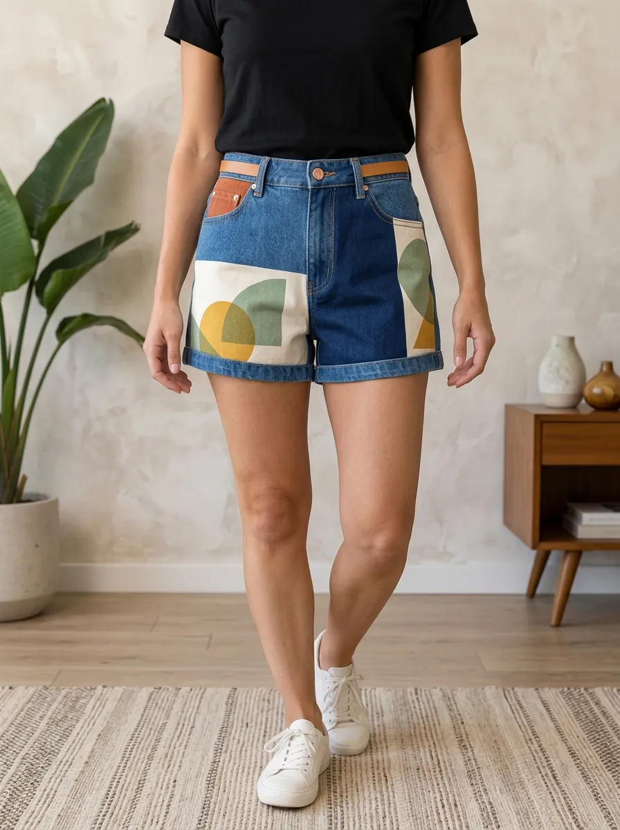 Women's Abstract Geometric Pattern Printed Denim Shorts