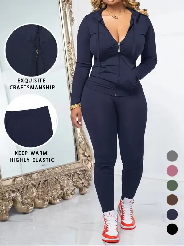 Women's Fall Zipper Hoodie and Skinny Pants Set, Casual Soft Long Sleeve Pullover with Pocket Design