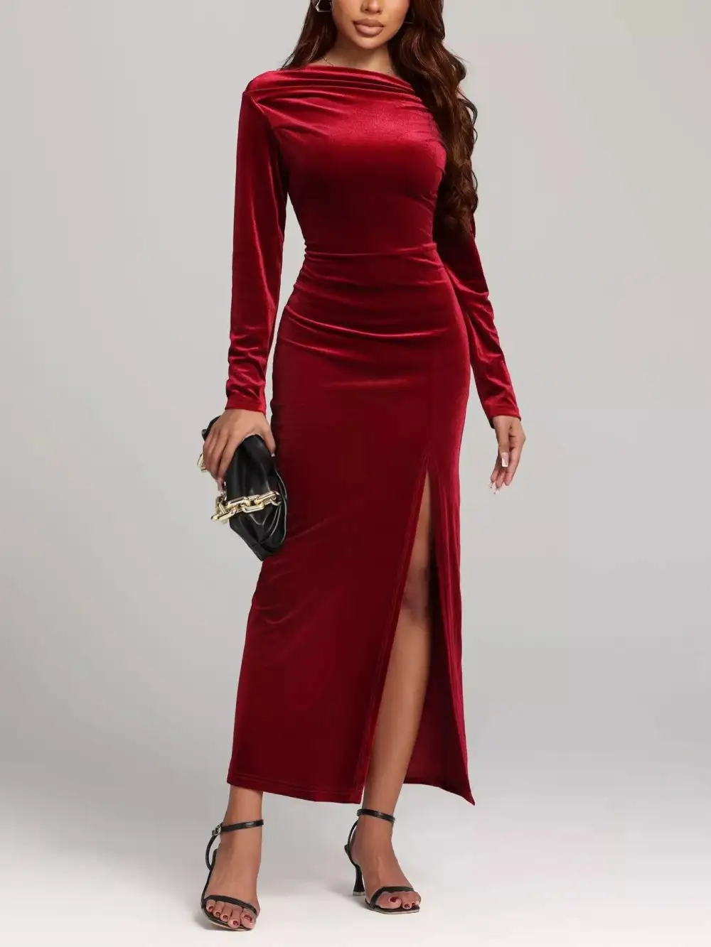 Velvet Ruched Slit Dress Casual