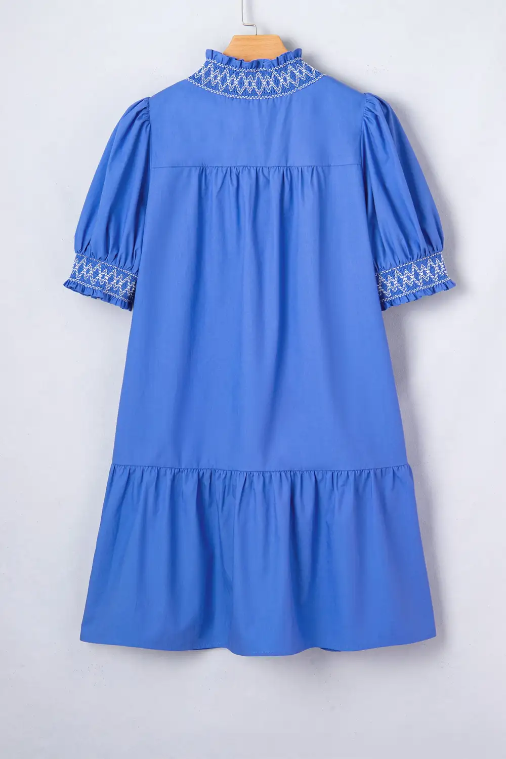 Embroidered V Neck Smocked Mini Dress