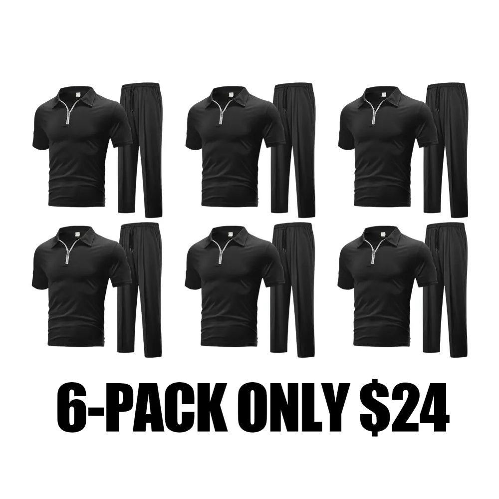 Men's Plain Half Zip Up Shortsleeve Polo Shirt & Drawstring Waist Pants Two-piece Set