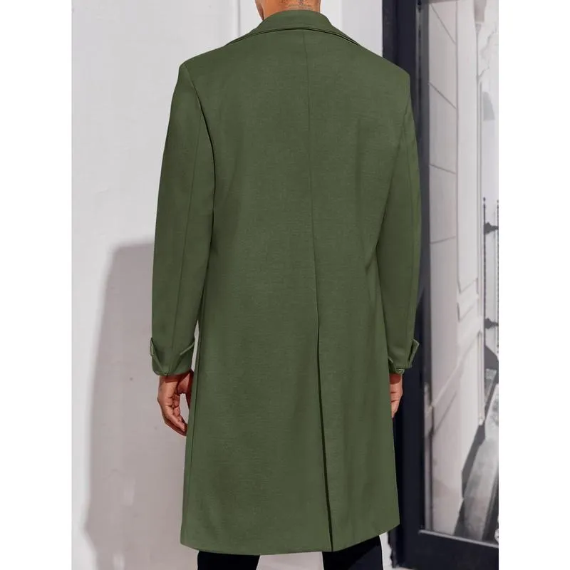 Men's Notch Lapel Double Breasted Long Trench Coat Casual Cotton Blend Peacoat