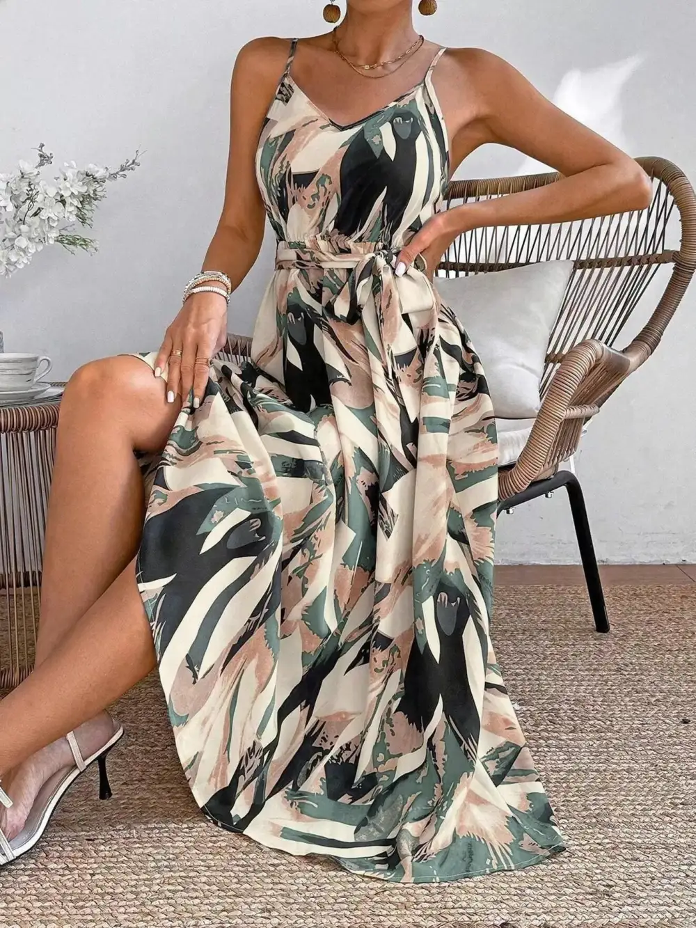 Abstract Print Tie Waist Dress