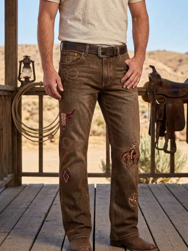 Men's Heritage Inspired Western Cowboy Rodeo Skull Jeans