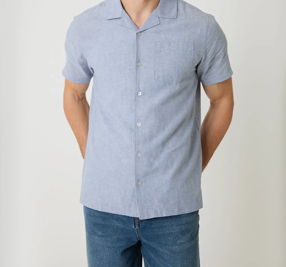 Men's Denim Blue Linen Cotton Blend Short Sleeve Shirt