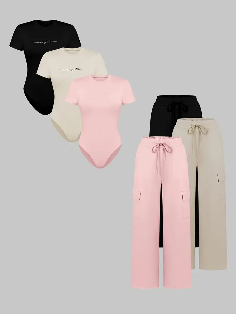 (3-SETS)Women'S Casual  Print Short Sleeve Round Neck TightJumpsuit And Waist Tie Wide Leg Pants With Pockets Set