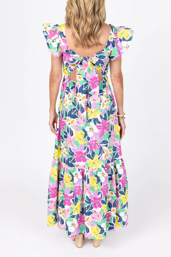 Multicolored Floral Puff Sleeve Flared Maxi Dress