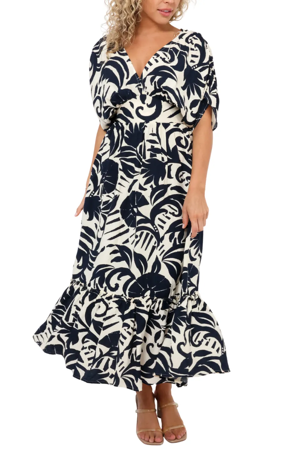 Tie Waist Tiered V Neck Midi Dress