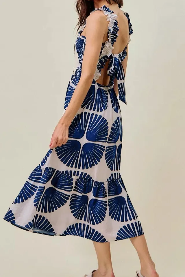 Abstract Print Smocked Bodice Tiered Lined Midi Dress