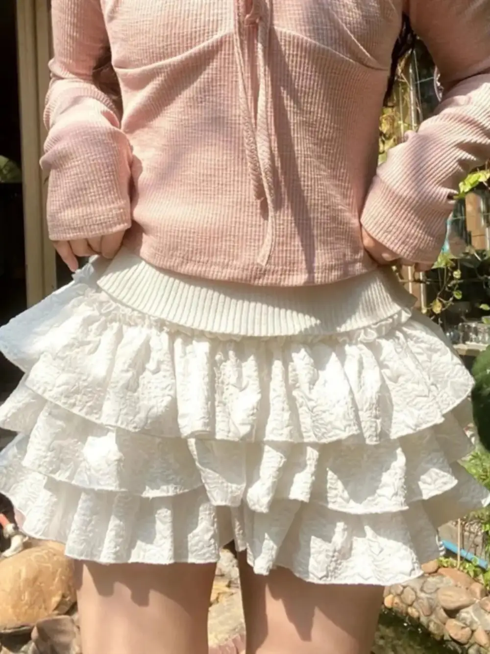 Pleated Lace-Trim Ruffled Skirt
