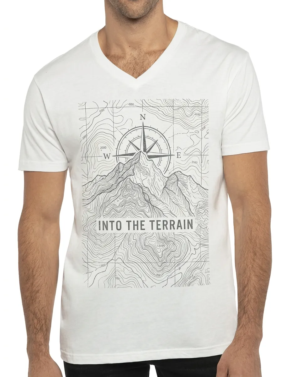Men's Hiking Outdoor Lover Topographic Map Compass Printed V-Neck T-Shirt