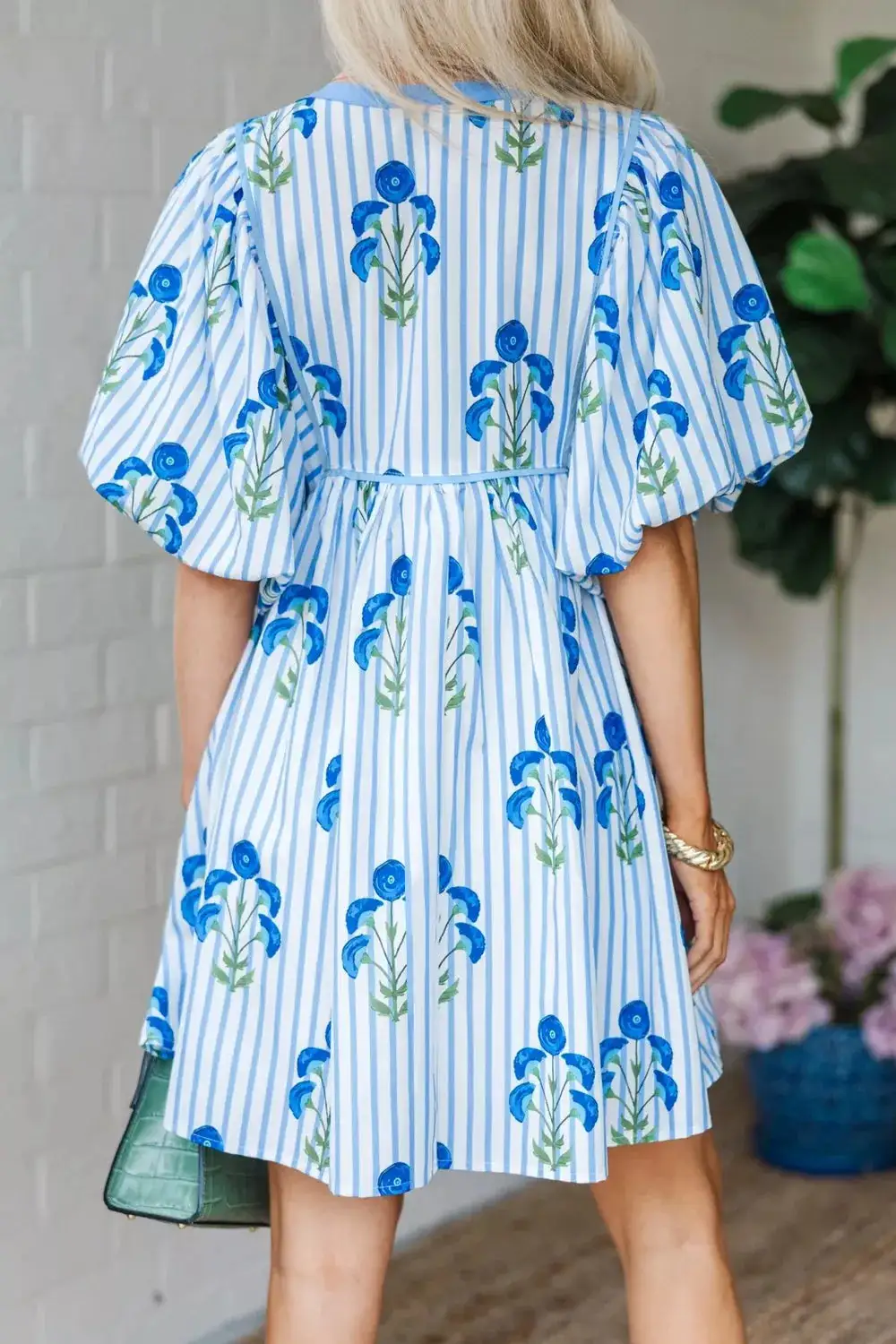 Print Tie Notched Neck Puff Sleeve Flared Mini Dress
