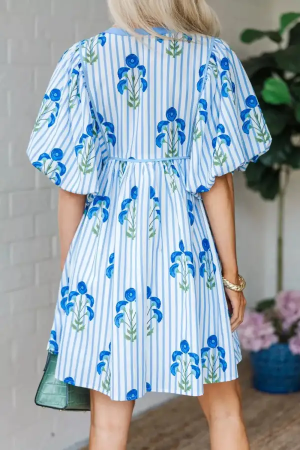 Print Tie Notched Neck Puff Sleeve Flared Mini Dress