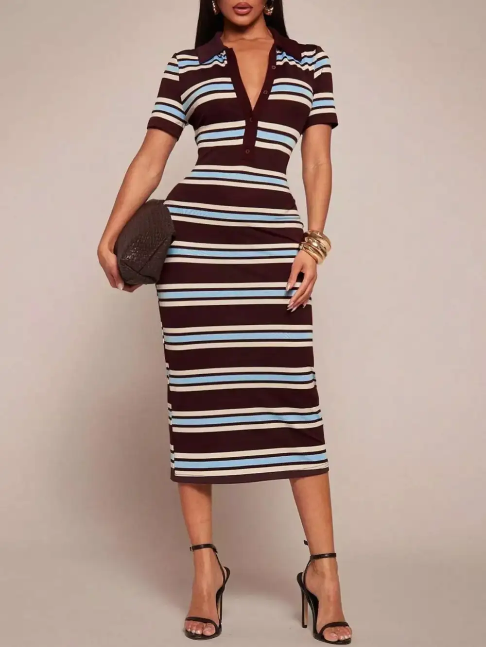 Striped Polo Collar Midi Dress