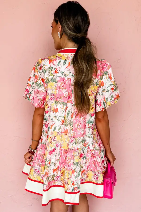 Floral Patchwork V Neck Mini Dress