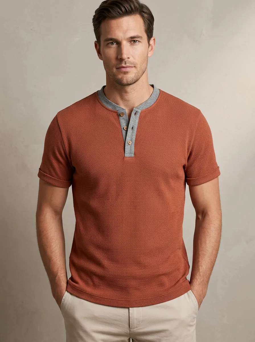 Men's Dynamic Waffle Knit Button Placket Henley Shirt