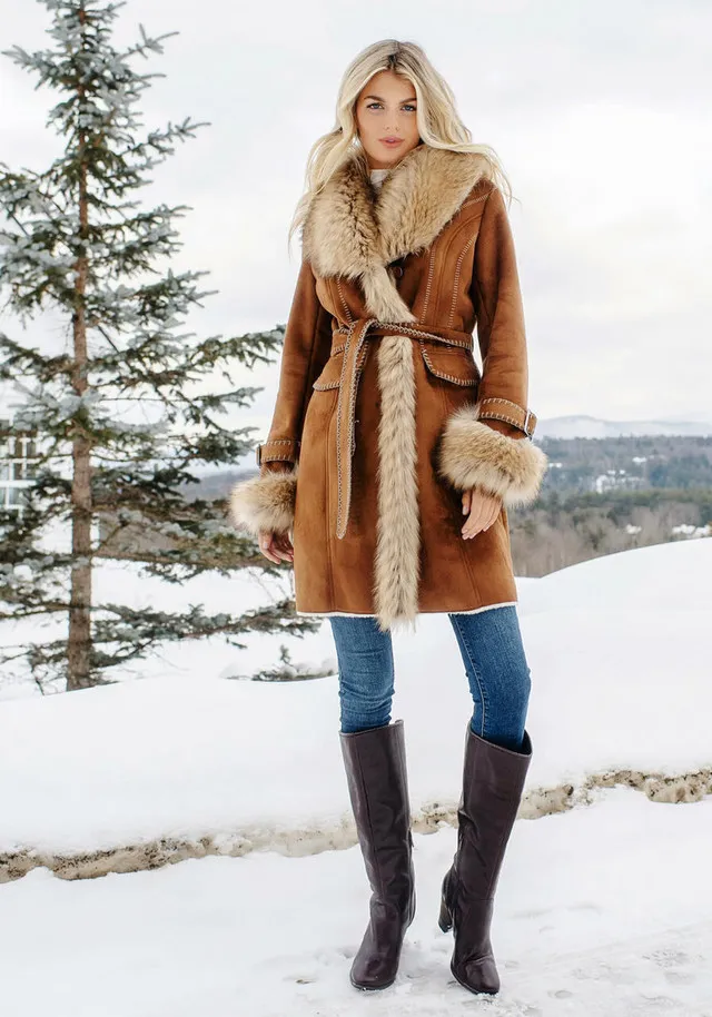 Tobacco Faux Fur Fox Collar Faux Suede Dakota Coat
