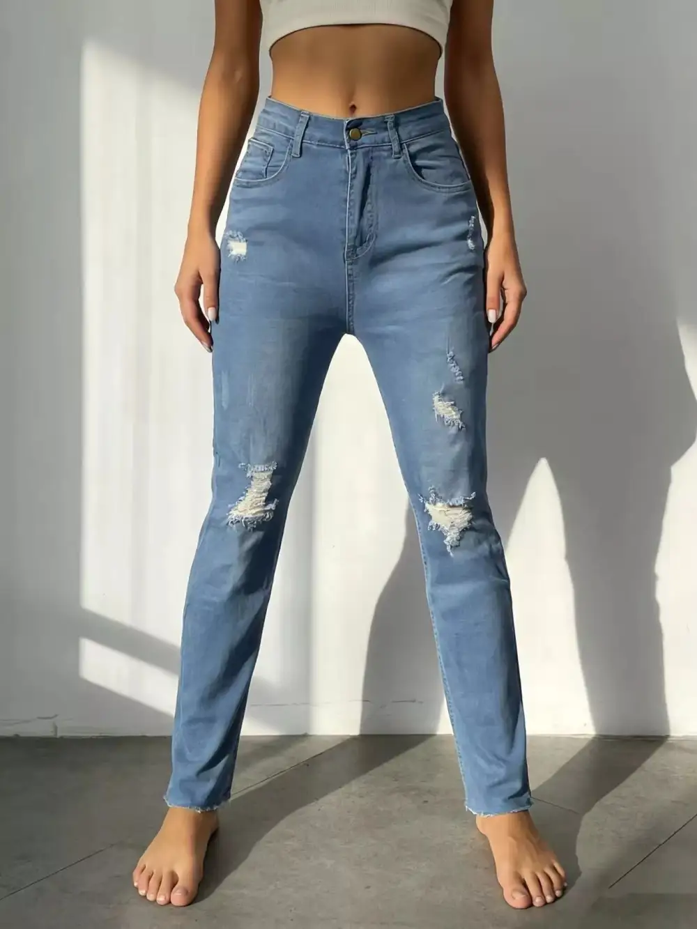 Soft High Waist Distressed Denim Jeans