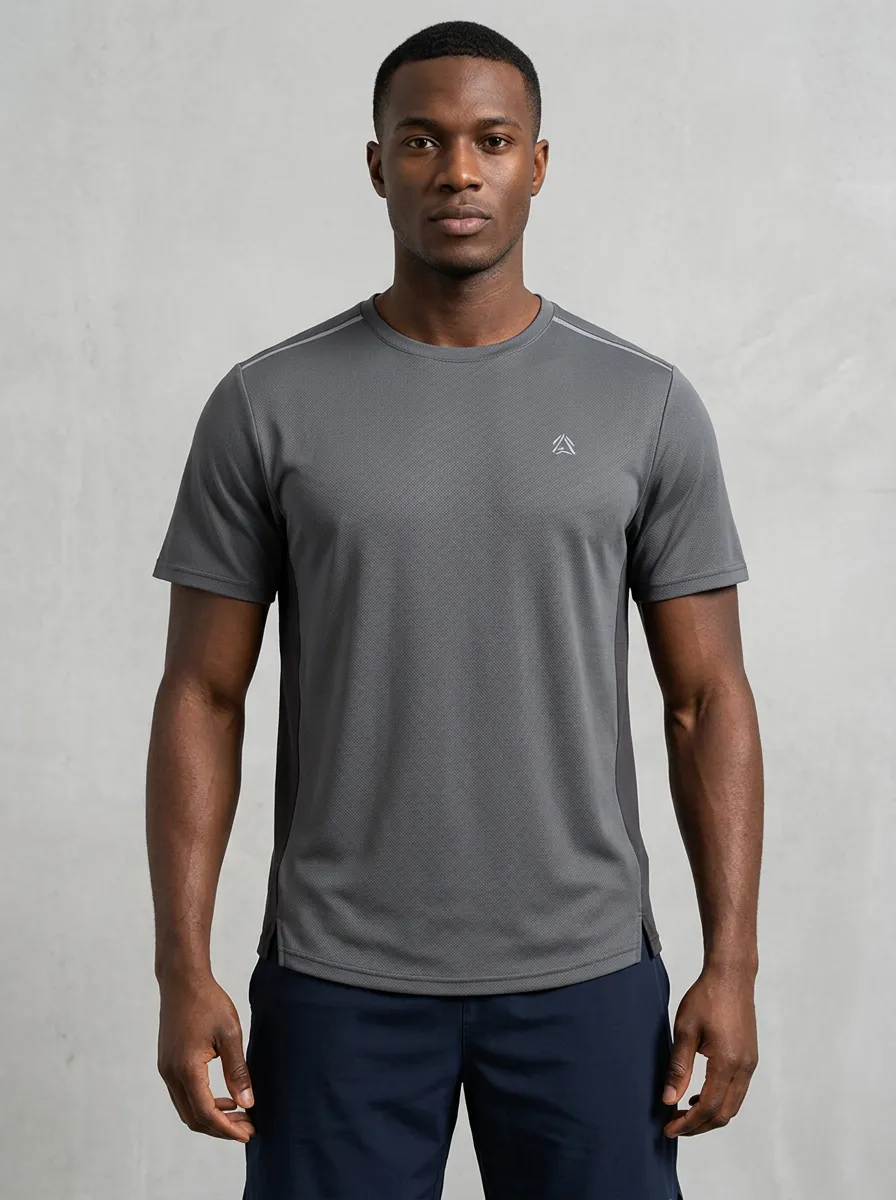 Men's Geometric-Emblem Athletic Textured Active Sport Crewneck T-Shirt