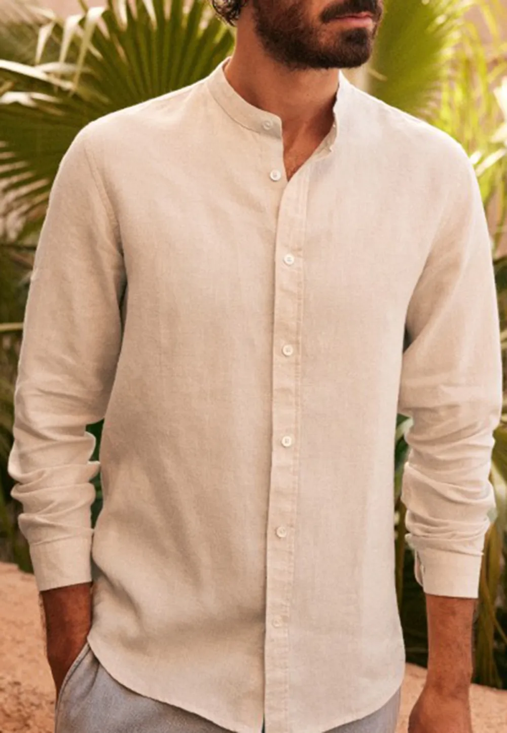 Cream Mandarin Collar Linen Blend Long Sleeve Shirt