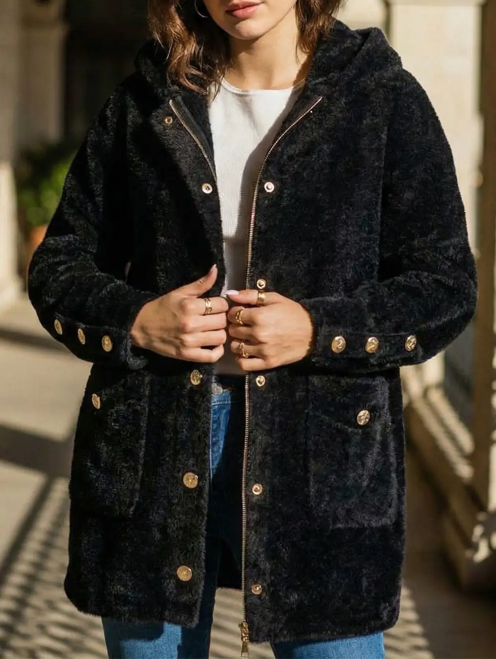 Drawstring Belt with Metal Buckle Hooded Jacket