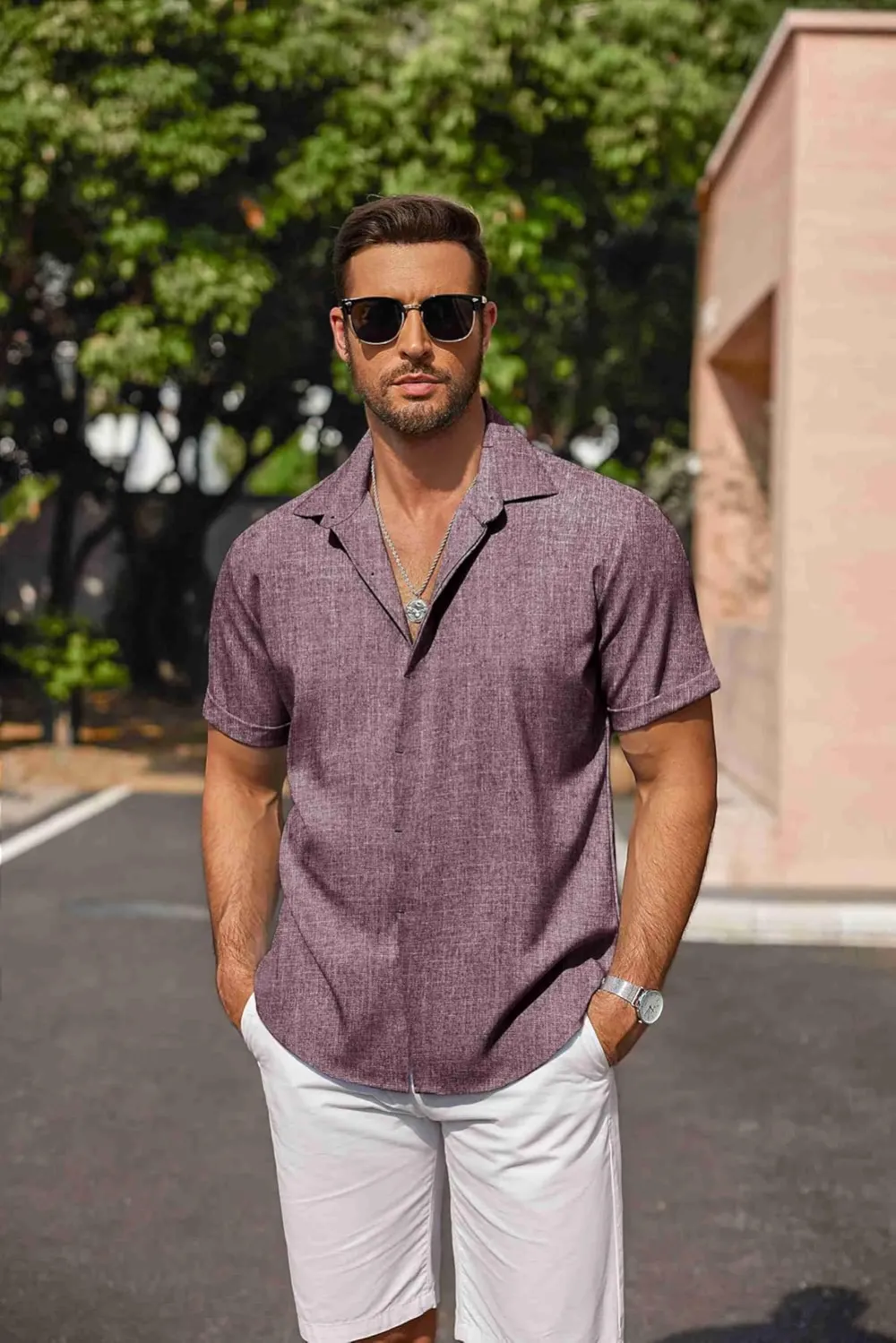 Men's Linen Shirts Short Sleeve Casual Shirts Button Down Shirt for Men Beach Summer Wedding Shirt