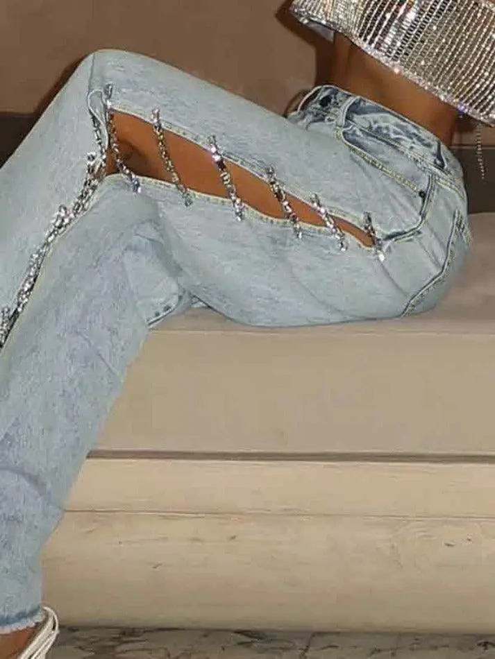 Low Waist Diamond Decor Boyfriend Jeans
