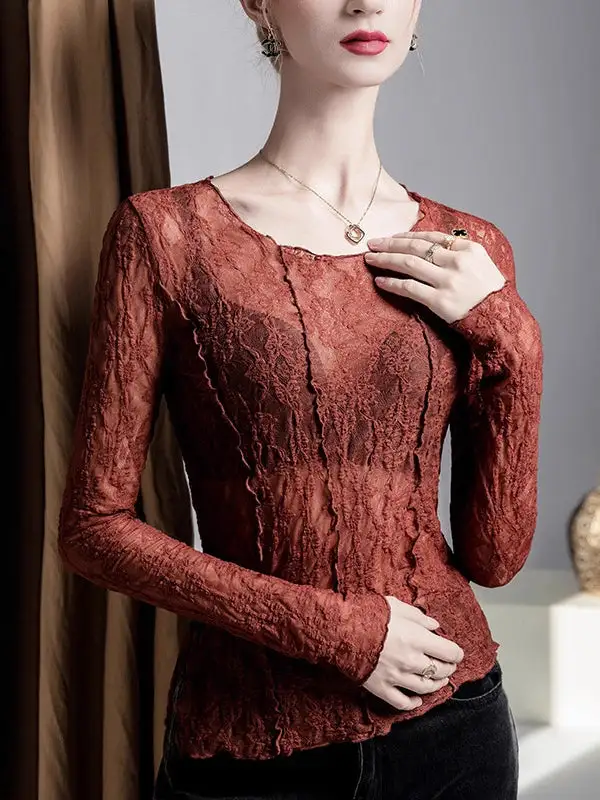 Asymmetric Long Sleeve Sheer Panel Detail Textured Round Neck T-Shirt