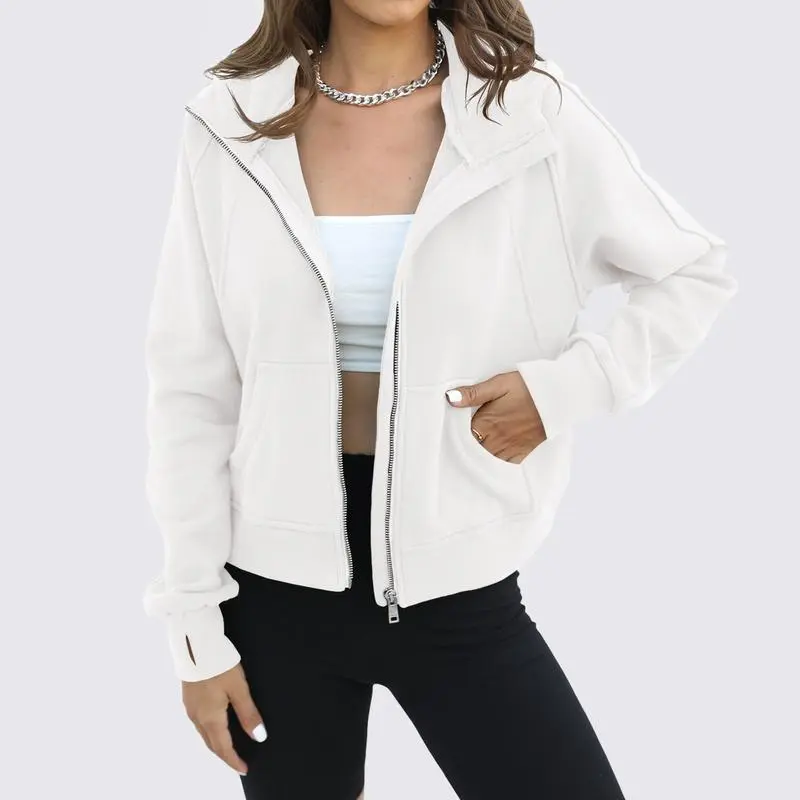Womens Zip Up Sweatshirts Fleece Lined Collar Crop Hoodie Casual Cotton Long Sleeve Tops with Thumb Hole