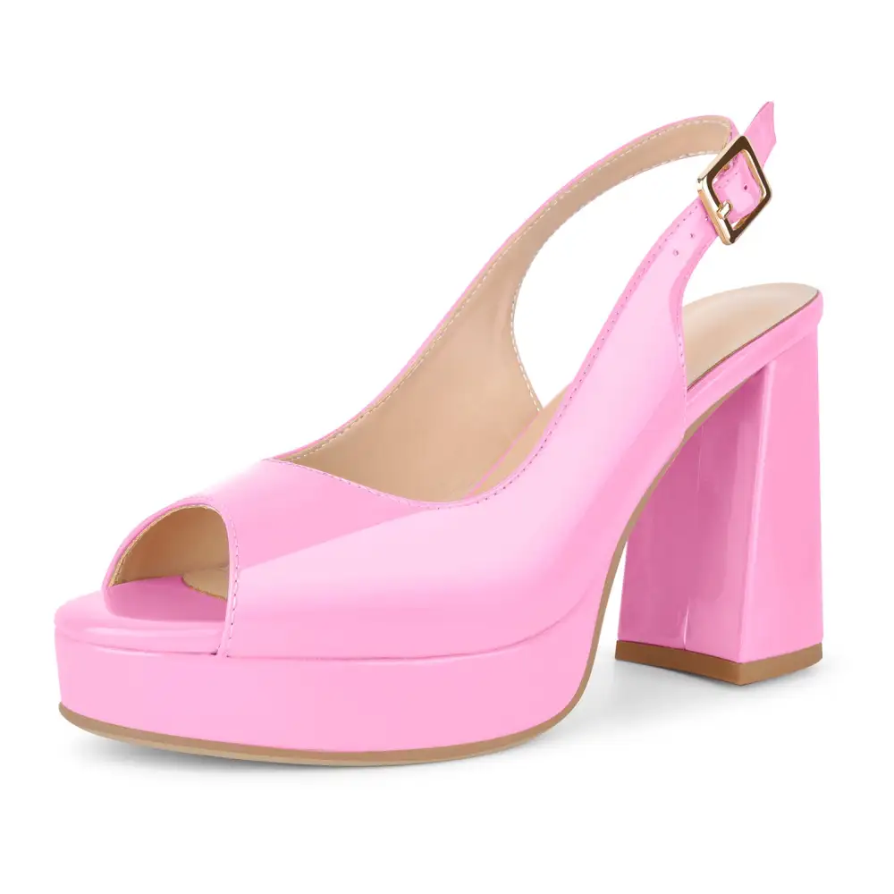 Patent Finish Peep Toe Platform Chunky Heel Slingback Pumps