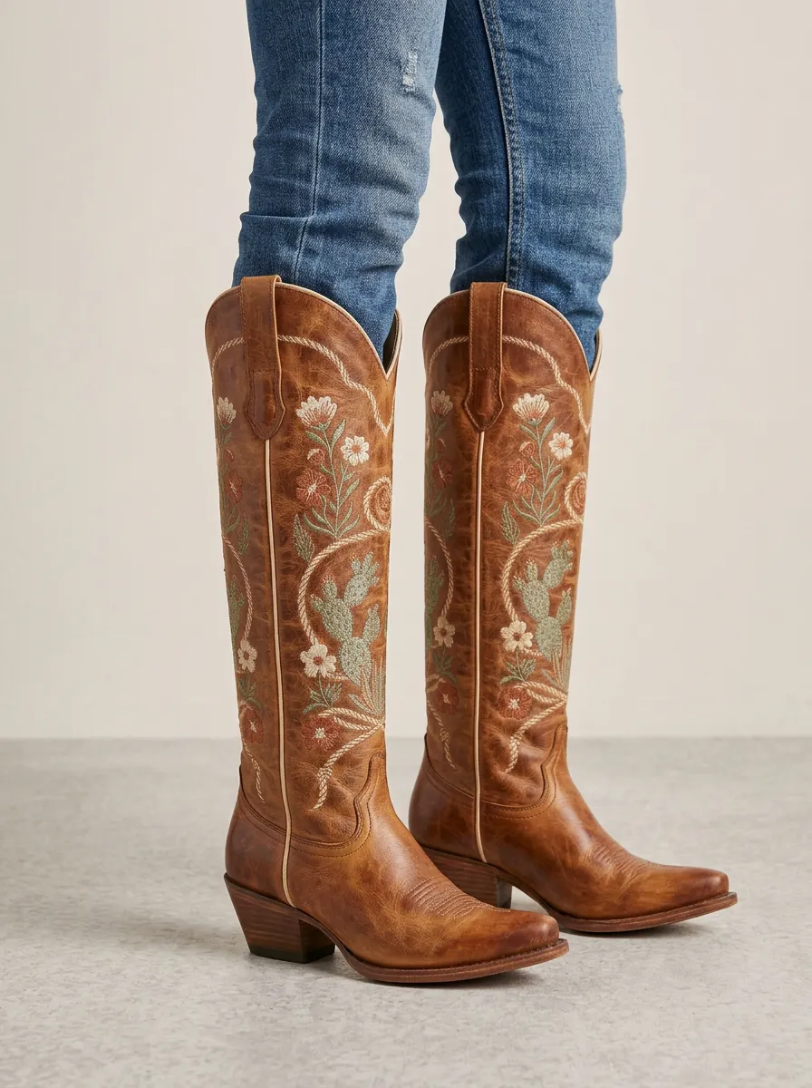 Women's Western Cactus Floral Wing Embroidered Piped Denim Over-the-Knee Boots