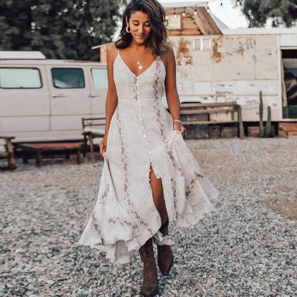 Sleeveless Strap Irregular Ruffles Boho White Maxi Dress