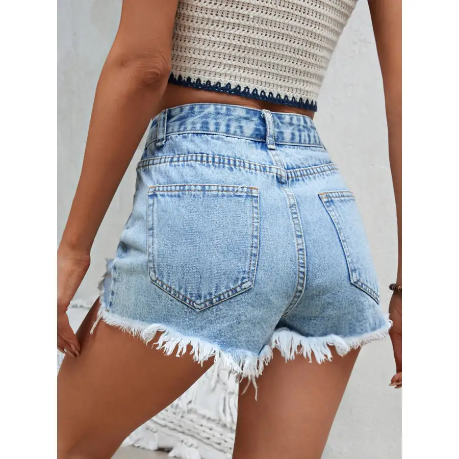 Relaxed Buttoned Raw Hem Distressed Pocketed Shorts