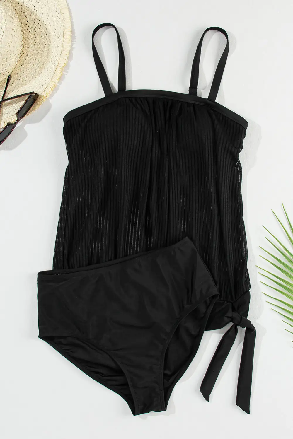 Striped Mesh Knotted Hem Tankini Swim Set