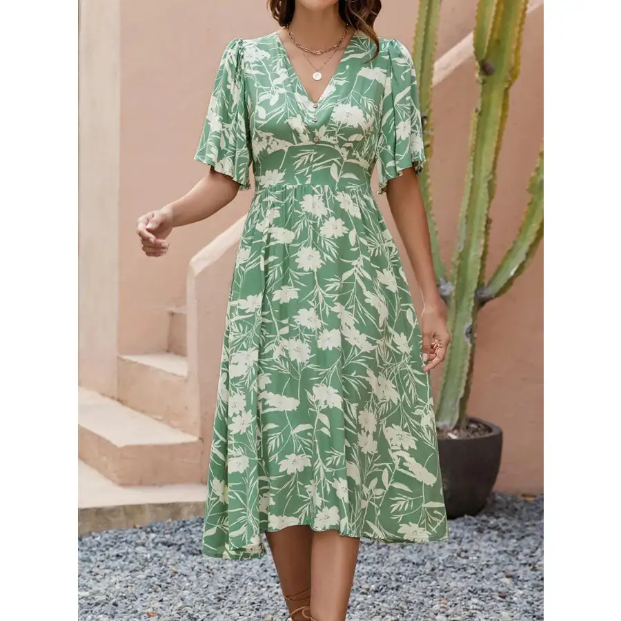 Neck V-Neck Flutter Sleeve Midi Dress