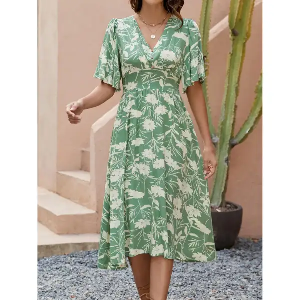 Neck V-Neck Flutter Sleeve Midi Dress