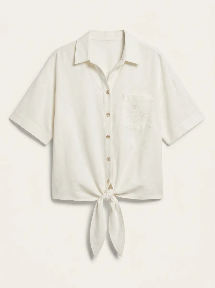 Women's Floral Embroidered Tie-Front Linen Blend Shirt