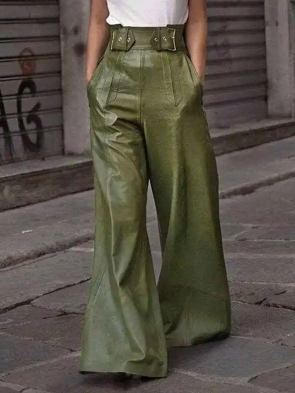 High Waisted Loose Pleated Pockets Split-joint Pants Trousers