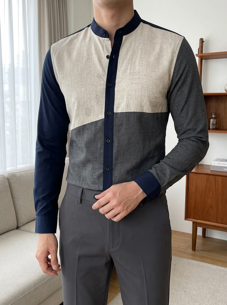 Men's Casual Business Colorblock Geometric Printed Slim Fit Shirt
