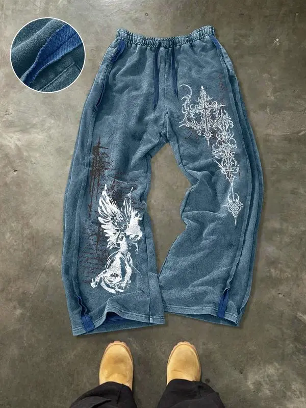 Men's Washed Cotton Sweatpants with Side Stitching, Gothic Pattern, Comfortable Casual Pants for Daily Wear
