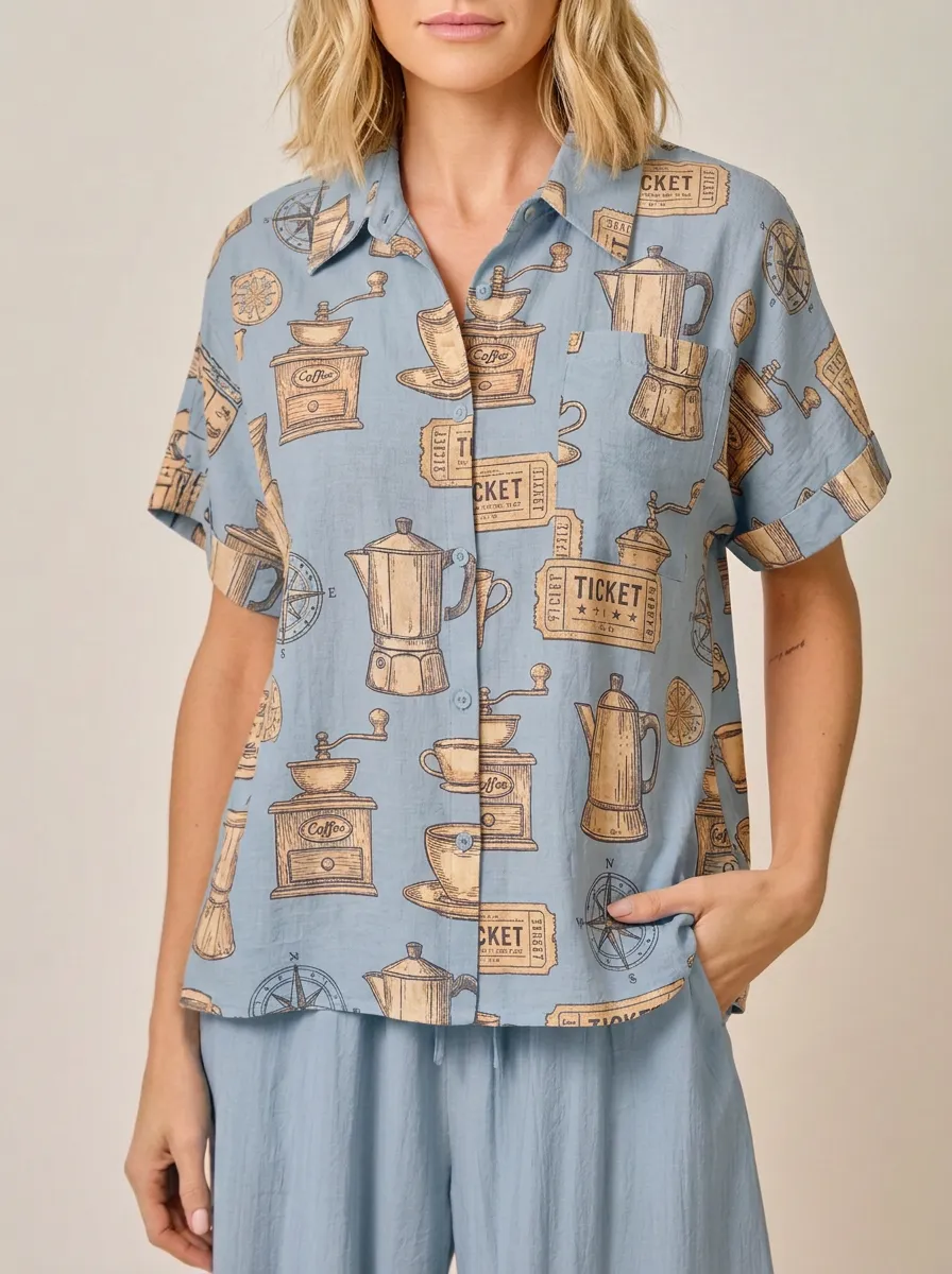 Women's Coffee Lover Moka Pot Ticket Printed Button-up Shirt