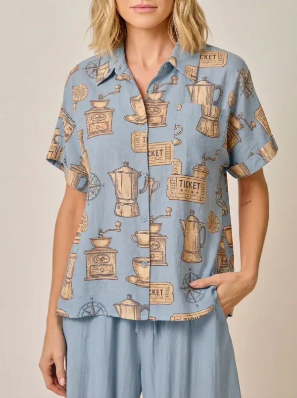Women's Coffee Lover Moka Pot Ticket Printed Button-up Shirt