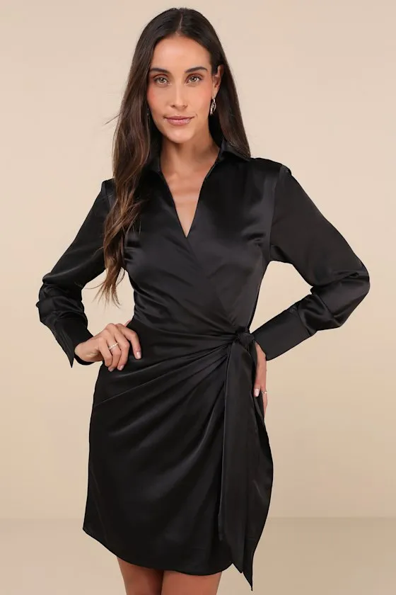 Painterly Perfection Slate Blue Satin Wrap Mini Dress