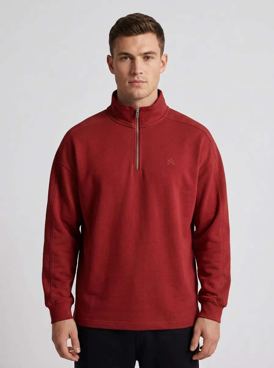 Men's Refined Minimalist Textured Embroidered Emblem Stand-Collar Quarter-Zip Sweatshirt