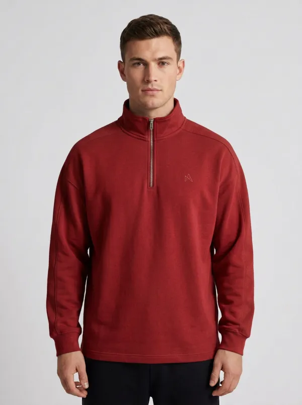 Men's Refined Minimalist Textured Embroidered Emblem Stand-Collar Quarter-Zip Sweatshirt