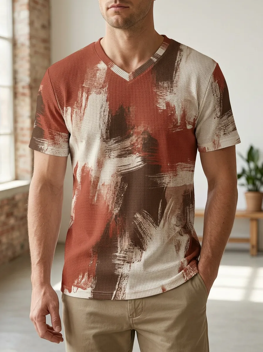 Men's Contour Abstract Brushstroke Waffle Knit V-Neck T-Shirt